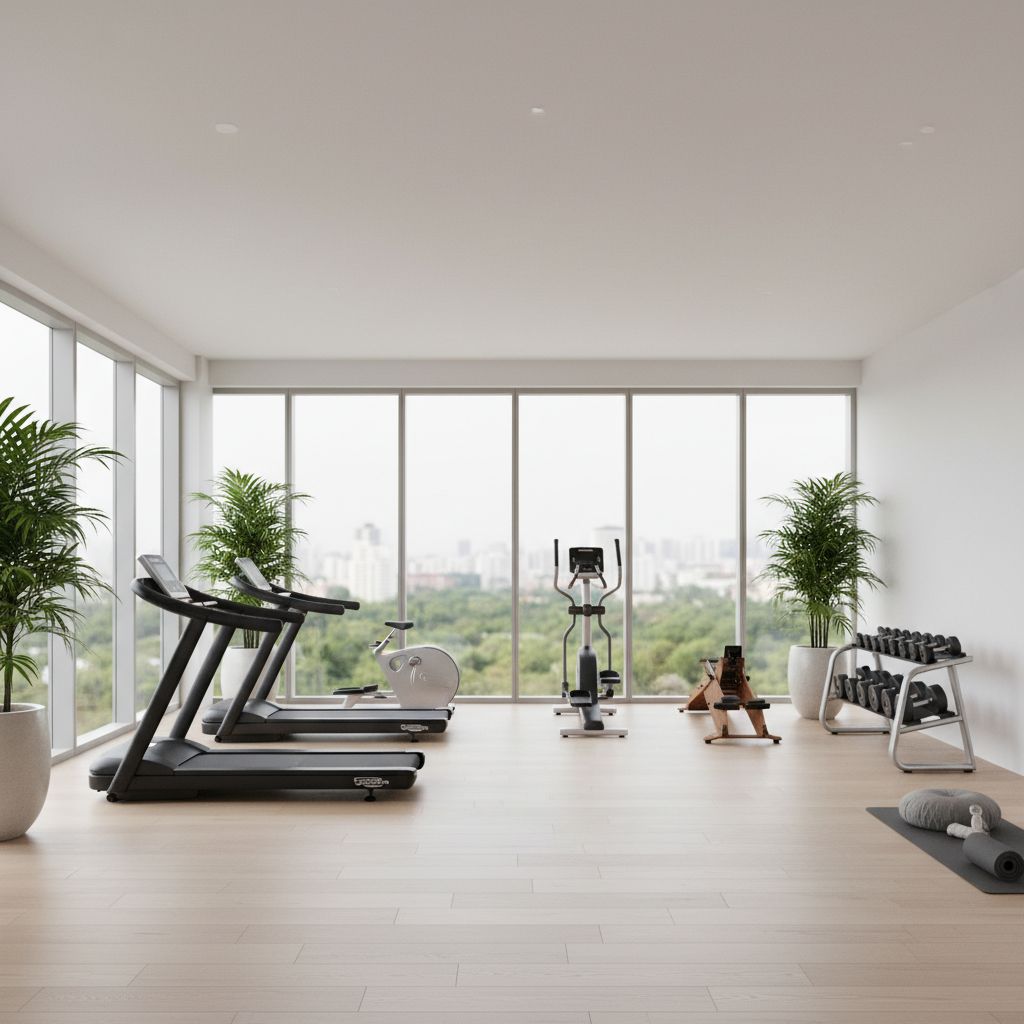 Un espace de gym privé, calme et bien équipé, avec de grandes fenêtres, évoquant le confort et la concentration.