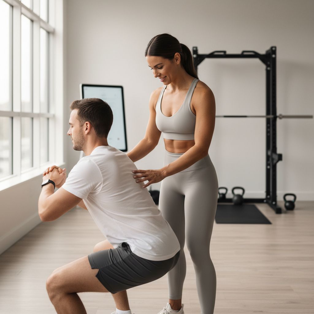 Un coach personnel ajustant la posture d'un client dans une salle de sport privée et lumineuse, symbolisant l'attention personnalisée.