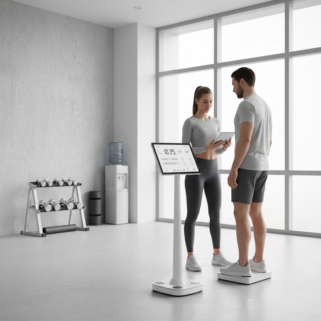 Un coach de fitness utilisant une balance à impédancemétrie pour évaluer la composition corporelle d'un client dans un studio de coaching privé et moderne.