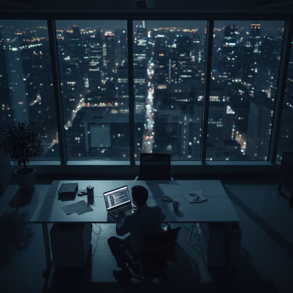 Un professionnel travaillant tard le soir à son bureau, avec une vue sur la ville de Lausanne en arrière-plan, illustrant un mode de vie sédentaire et stressant.