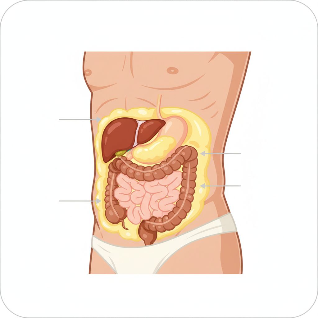 Image anatomique montrant la différence entre la graisse viscérale autour des organes et la graisse sous-cutanée sous la peau, avec des flèches pour indiquer chaque type.