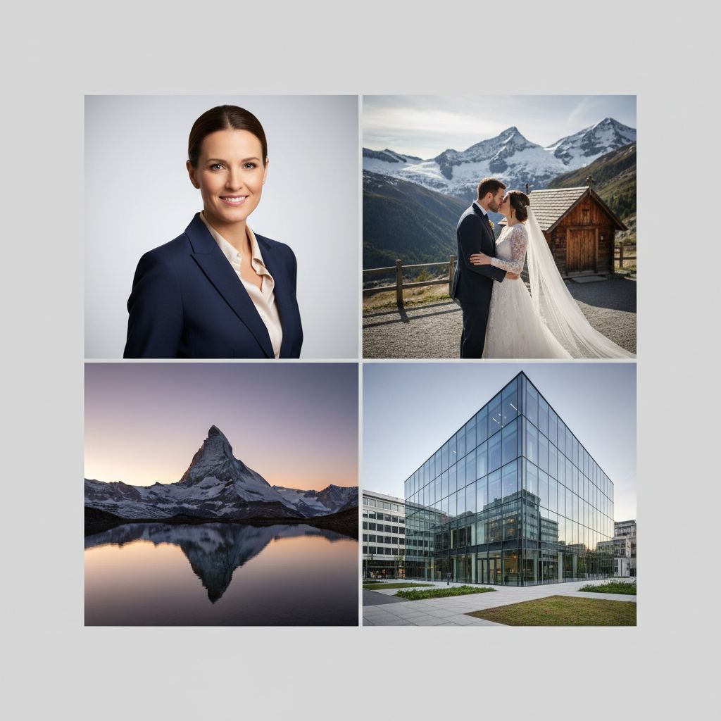 Un collage dynamique de différentes photographies de haute qualité : un portrait professionnel, une photo de mariage, un paysage suisse et une photo d'architecture.