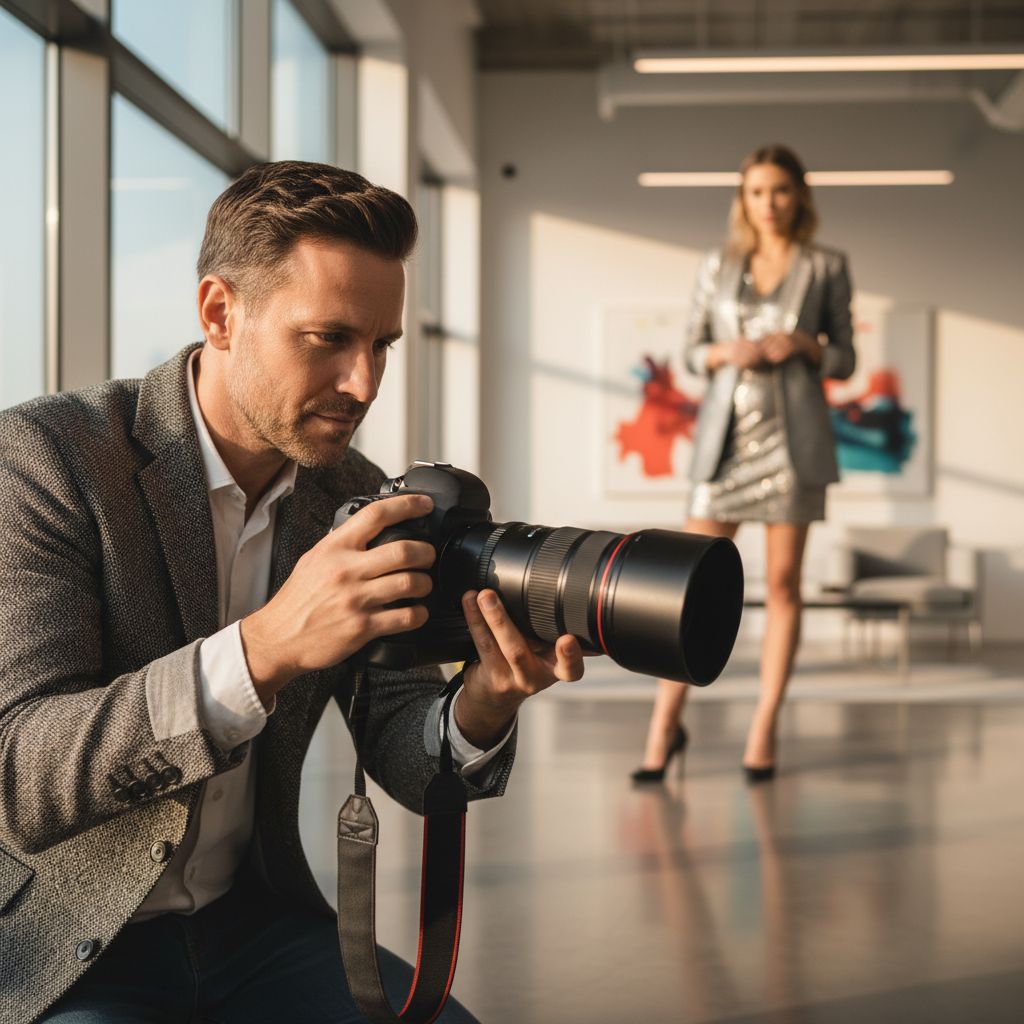 Un photographe professionnel en pleine action, qui ajuste son appareil pour un portrait. L'image évoque l'idée de personnalisation et de savoir-faire.