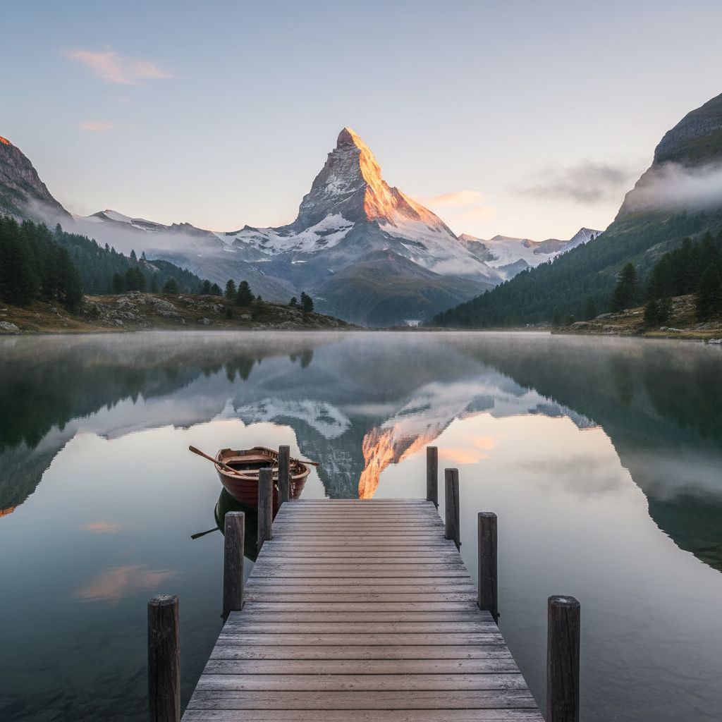 Une photographie époustouflante d'un paysage suisse emblématique, comme le Cervin se reflétant dans un lac alpin au lever du soleil.