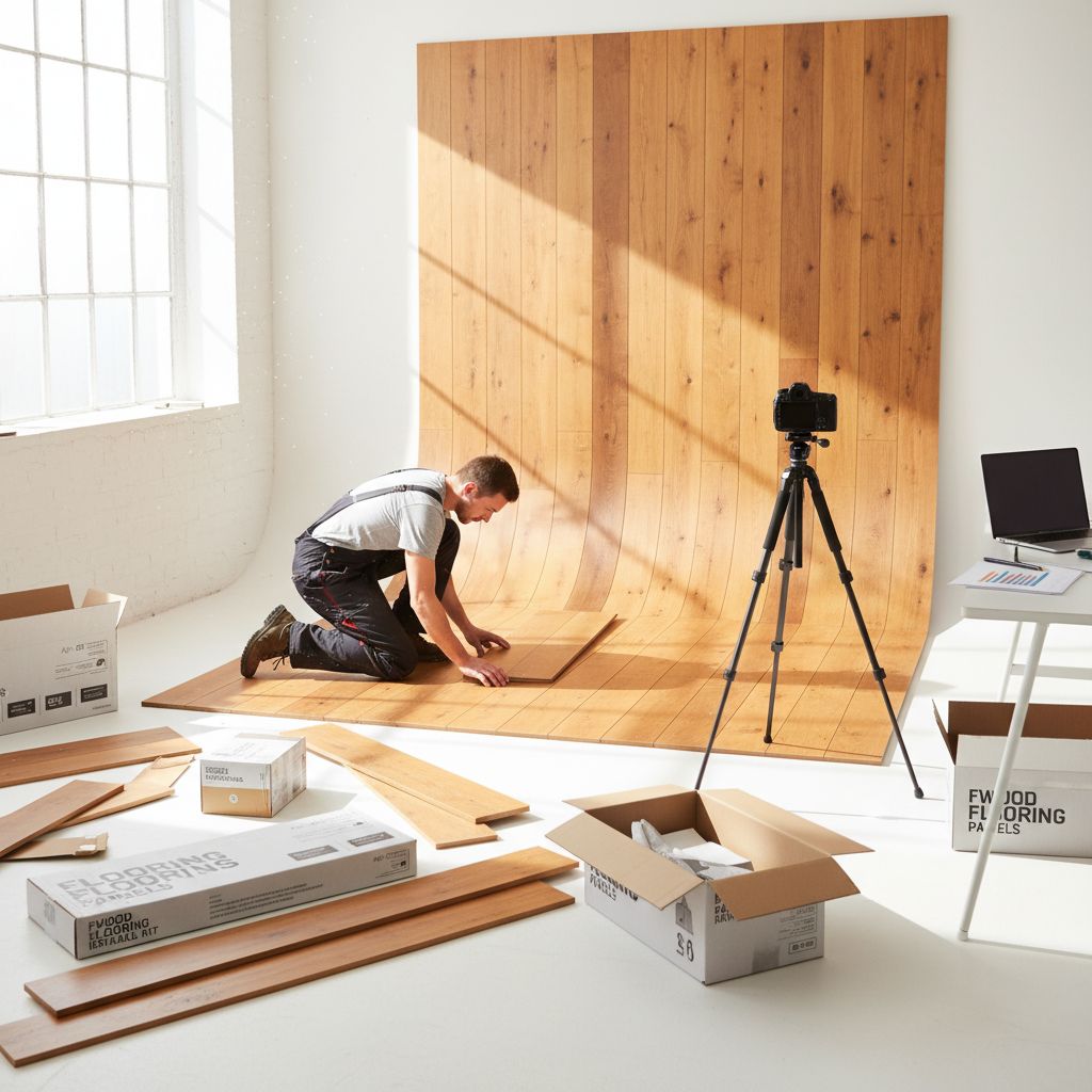 Installation d'un fond de photographie DIY réalisé avec des panneaux de parquet clipsables achetés dans un magasin de bricolage.