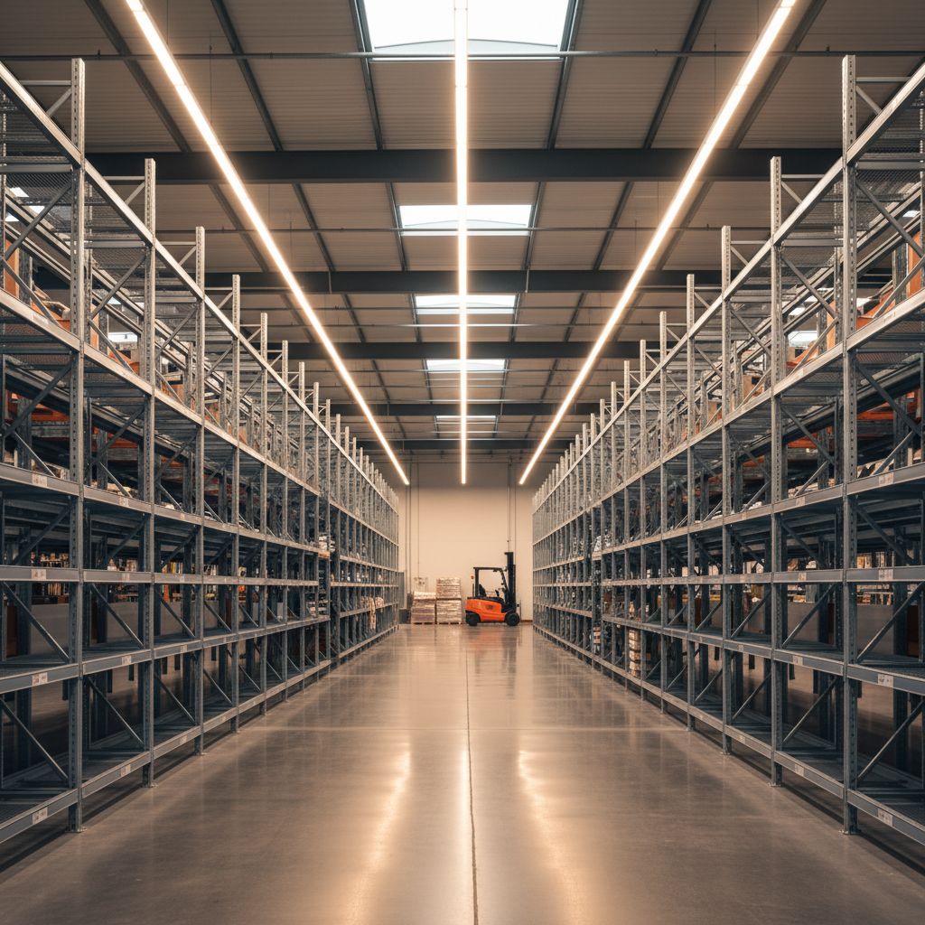 Une grande allée de magasin de bricolage où l'éclairage mixte fait ressortir des lignes de fuite puissantes formées par les étagères.