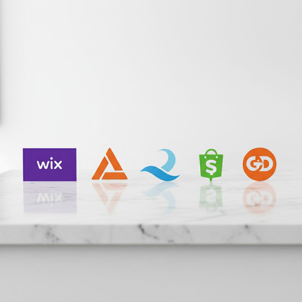 Logos of Wix, Squarespace, Hostinger, Shopify, and GoDaddy arranged side-by-side for comparison.