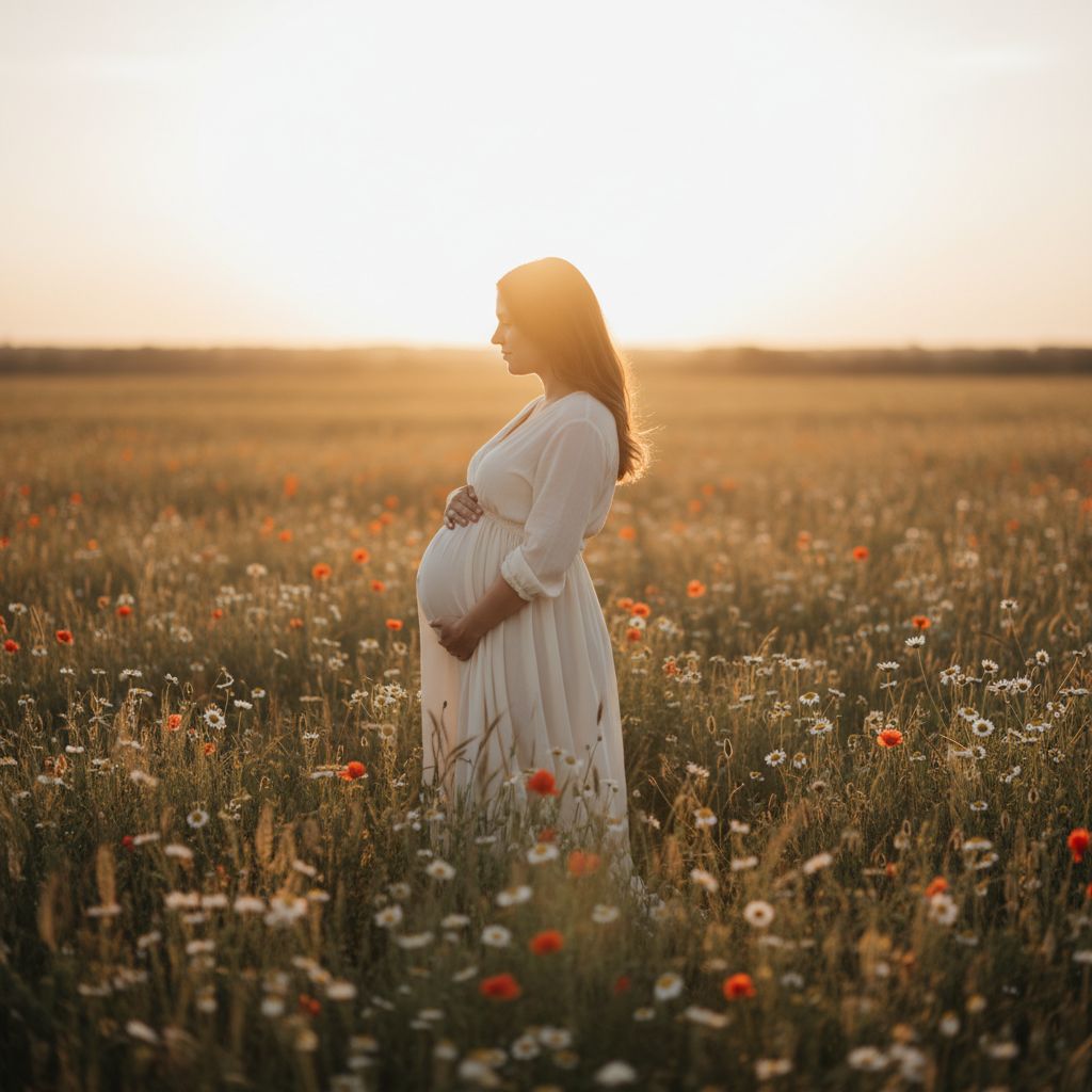 Une future maman seule, de profil, tenant tendrement son ventre dans un champ de fleurs sauvages au coucher du soleil.
