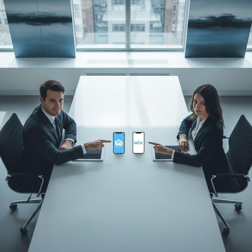 A simple flowchart showing a decision path. One branch says 'Need Maximum Scalability?' leading to Shopify. Another says 'Need an All-in-One Solution?' leading to Wix.