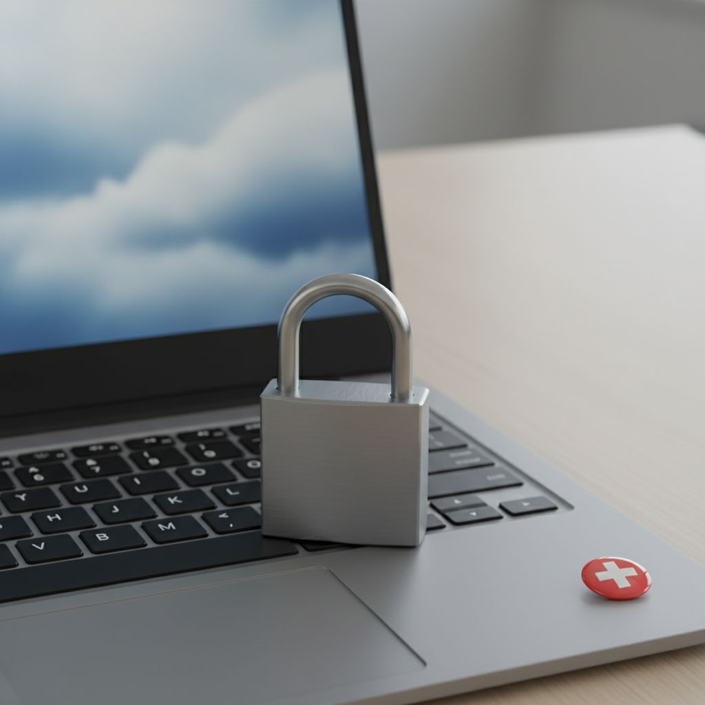 Un visuel qui parle de lui-même : un cadenas protégeant des données dans le cloud, avec le drapeau suisse. Le message est clair : avec vous, les données sont en sécurité et conformes à la loi suisse.