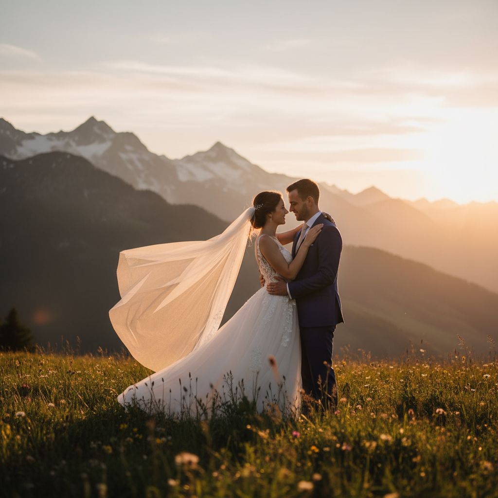 Un couple de mariés s'embrassant tendrement devant un paysage montagneux suisse au coucher du soleil.