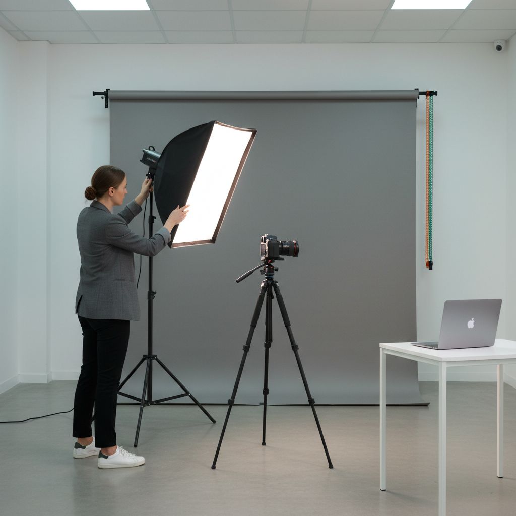 Une photographe professionnelle en studio ajustant l'éclairage pour un portrait corporate. L'ambiance est professionnelle et moderne, avec du matériel de haute technologie visible.