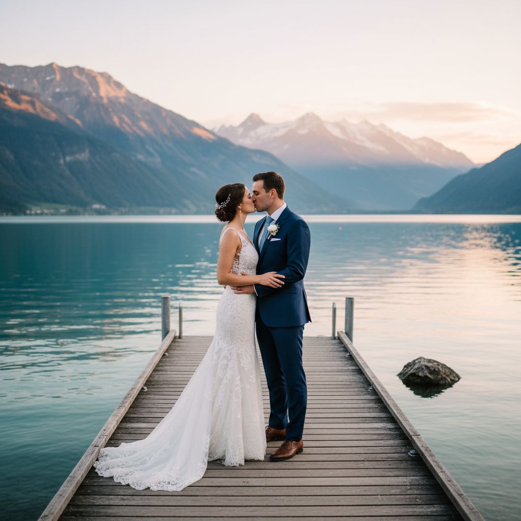 Un couple de jeunes mariés, un baiser tendre, avec en toile de fond un lac suisse et les montagnes. L'image capture une atmosphère à la fois romantique et raffinée.
