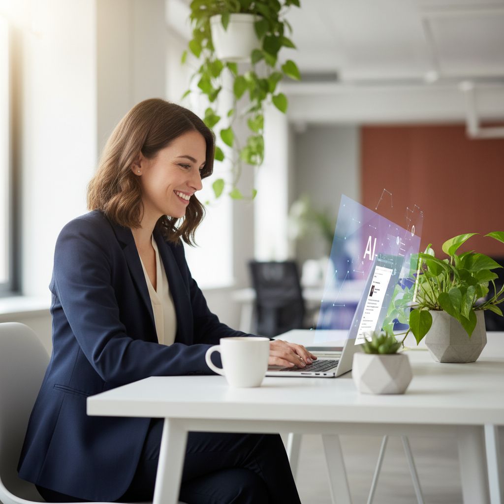 A professional at a desk, smiling while reviewing content on a computer screen that shows AI suggestions, symbolizing effective human-AI collaboration.
