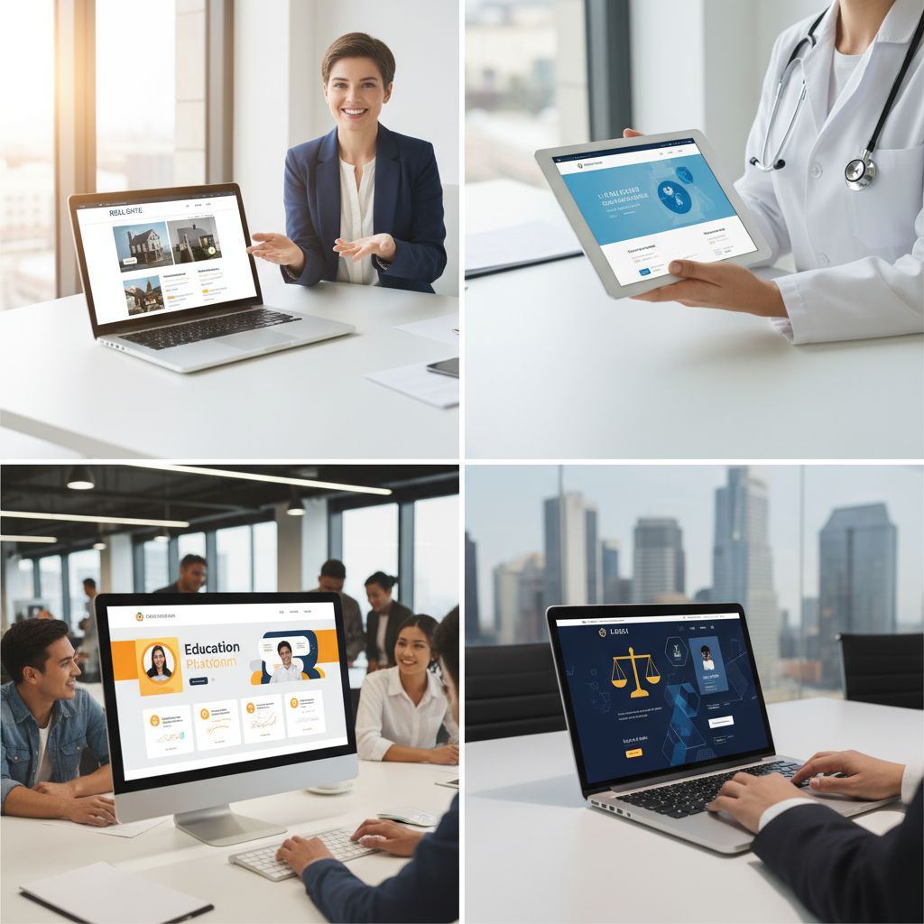A cool collage showing four different websites made by an AI builder, with totally different looks for a real estate agency, a clinic, an online course, and a law firm.