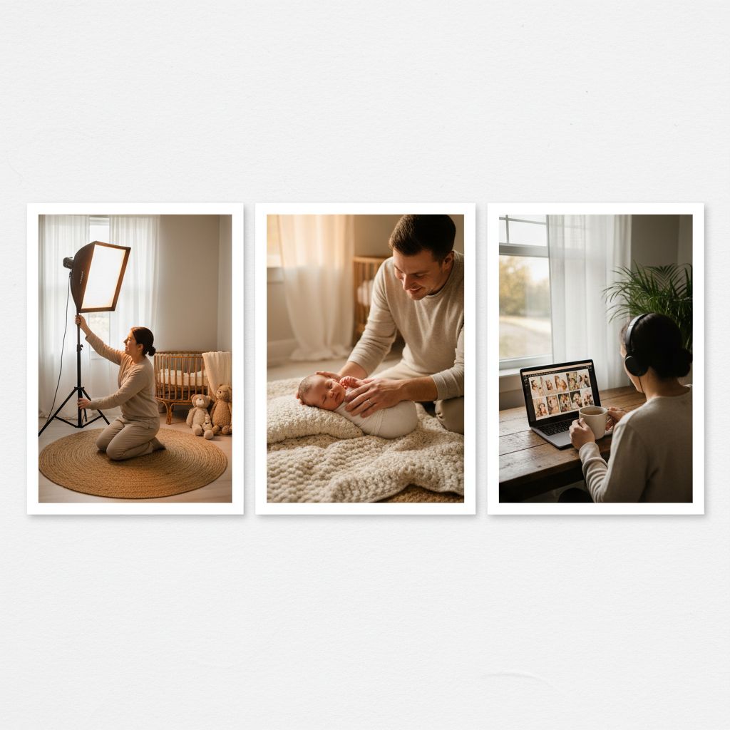 Un diagramme simple en trois étapes : 1. Préparation (accessoires, pièce chaude), 2. Séance photo (rythme du bébé, poses naturelles), 3. Post-production (retouche authentique).