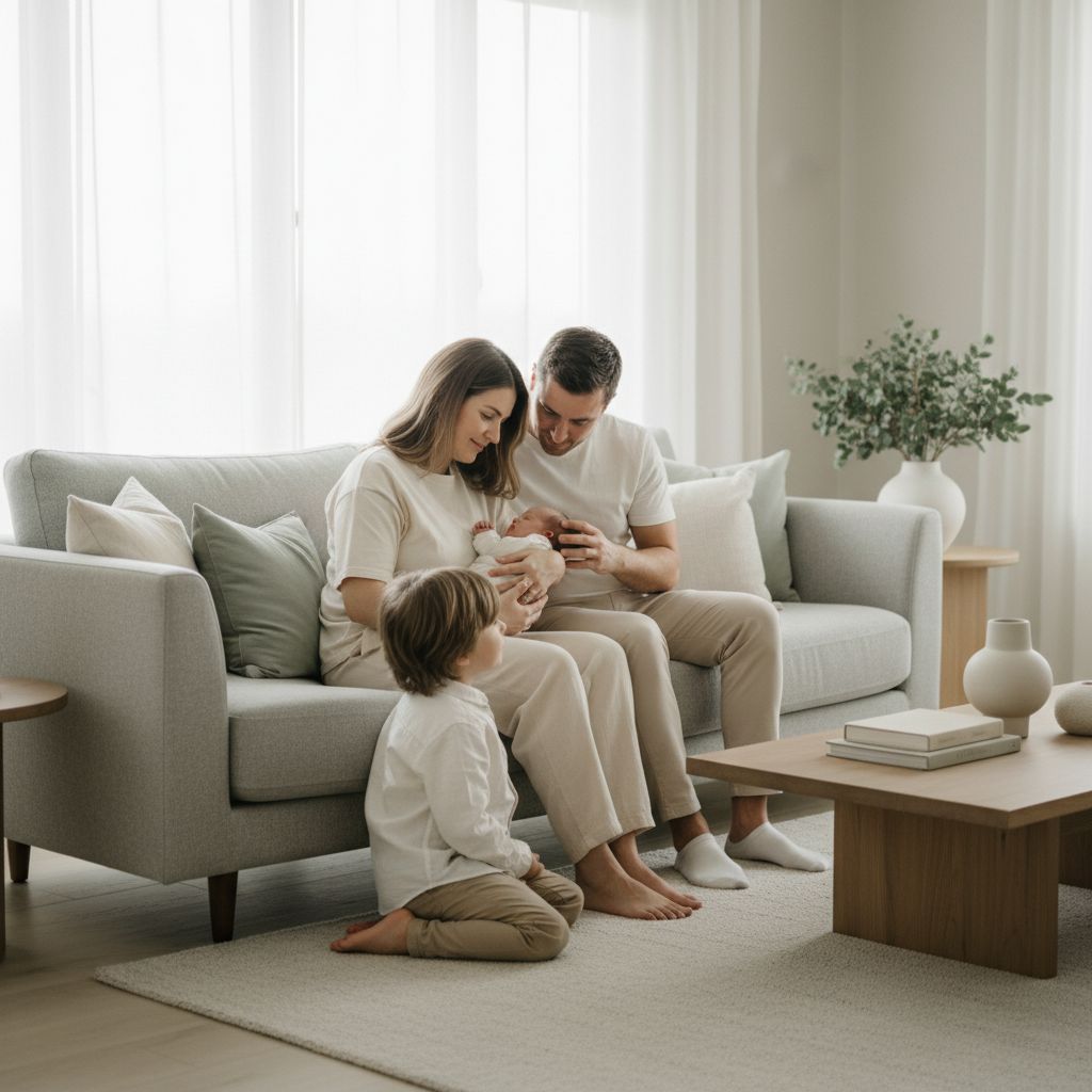 Une photo de famille pleine de tendresse dans le salon : les parents tiennent leur nouveau-né, et le grand frère ou la grande sœur le regarde avec amour.