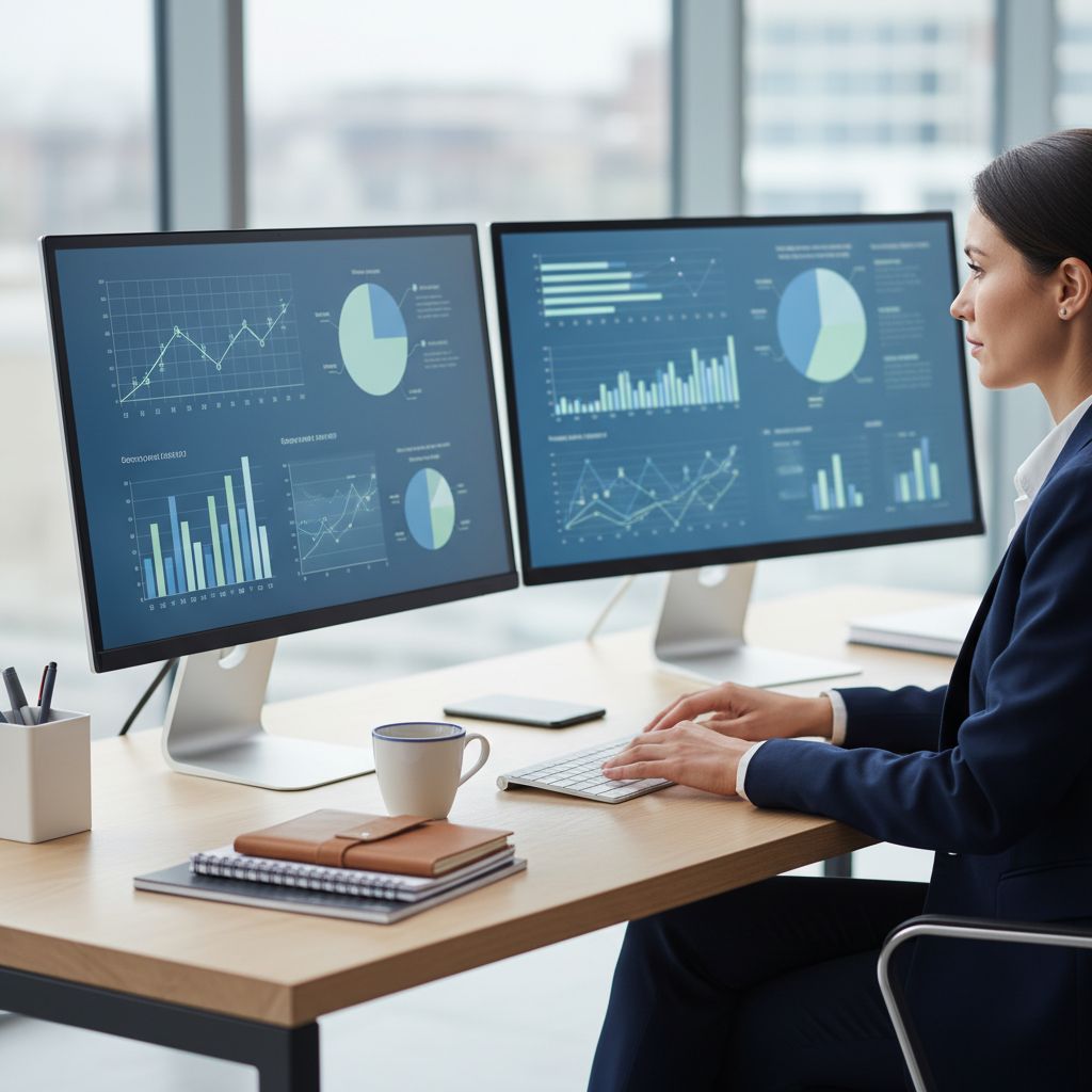 A shot of someone reviewing content on a computer, with charts and graphs behind them, symbolizing the process of auditing and analysis.