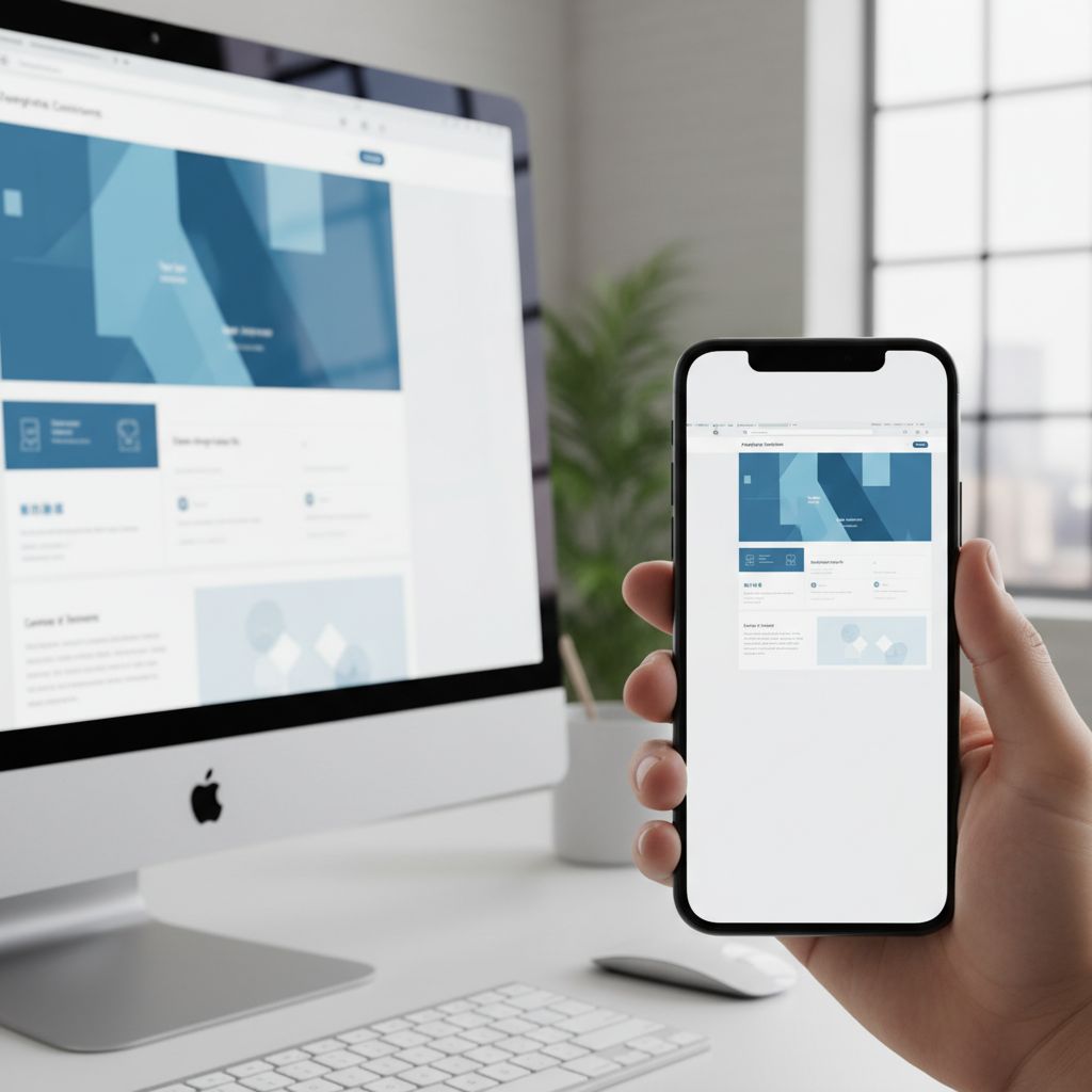 A split-screen image showing a website on a desktop and a mobile phone, demonstrating a responsive design layout.
