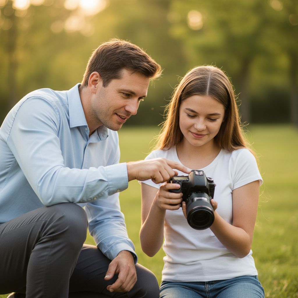 Un instructeur de photographie donne des conseils personnalisés à un étudiant lors d'un atelier en extérieur.
