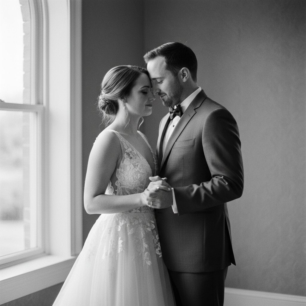 Une photo de mariage en noir et blanc, capturant un moment intime et émotionnel entre les mariés.
