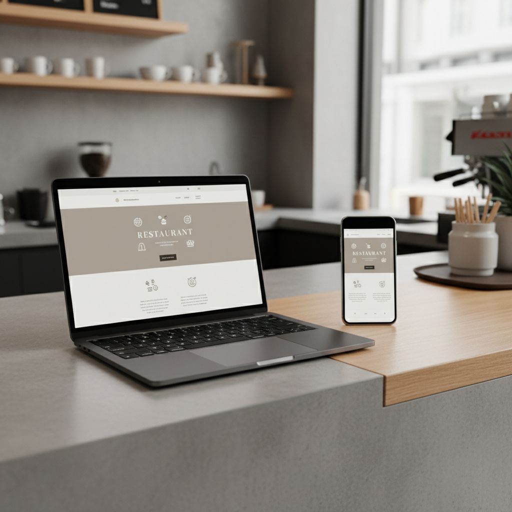 A visually appealing, clean, and modern restaurant website displayed on a laptop and a smartphone, showing its mobile responsiveness.