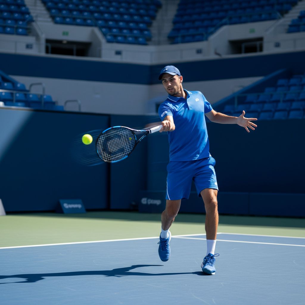 Photographie d'action nette et dynamique d'un joueur de tennis en plein service, illustrant la précision de la mise au point grâce à l'IA.