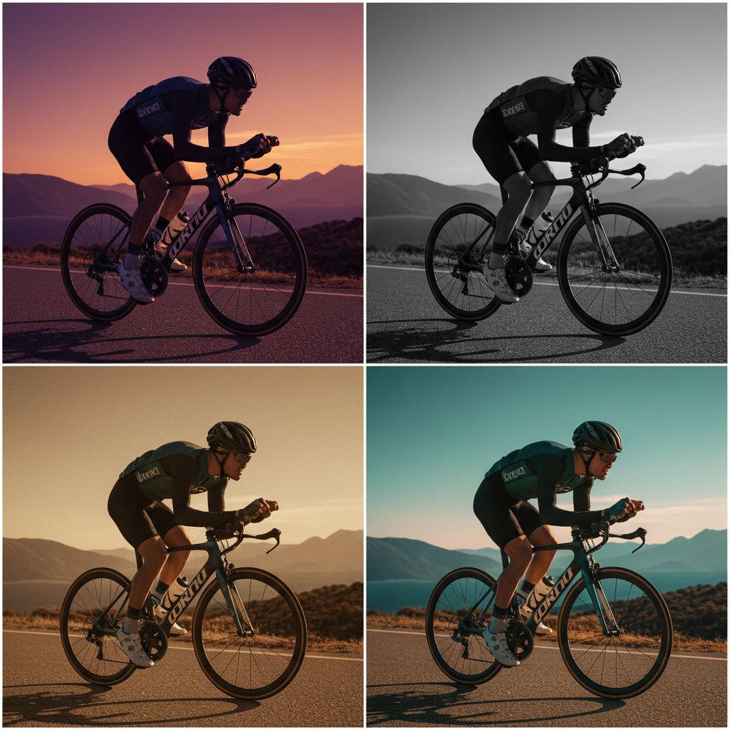 Un collage de la même photo d'un cycliste, éditée en quatre styles différents par l'IA : couleur vive, noir et blanc contrasté, sépia vintage et effet cinématique.