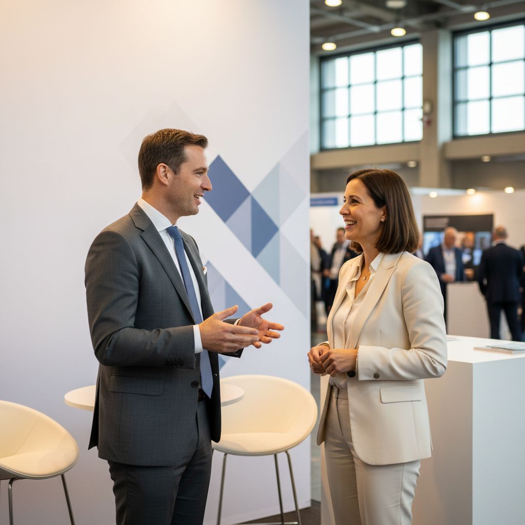 Une image qui capture l'ambiance d'un salon pro en Suisse : on y voit un stand animé, avec des entrepreneurs qui échangent.