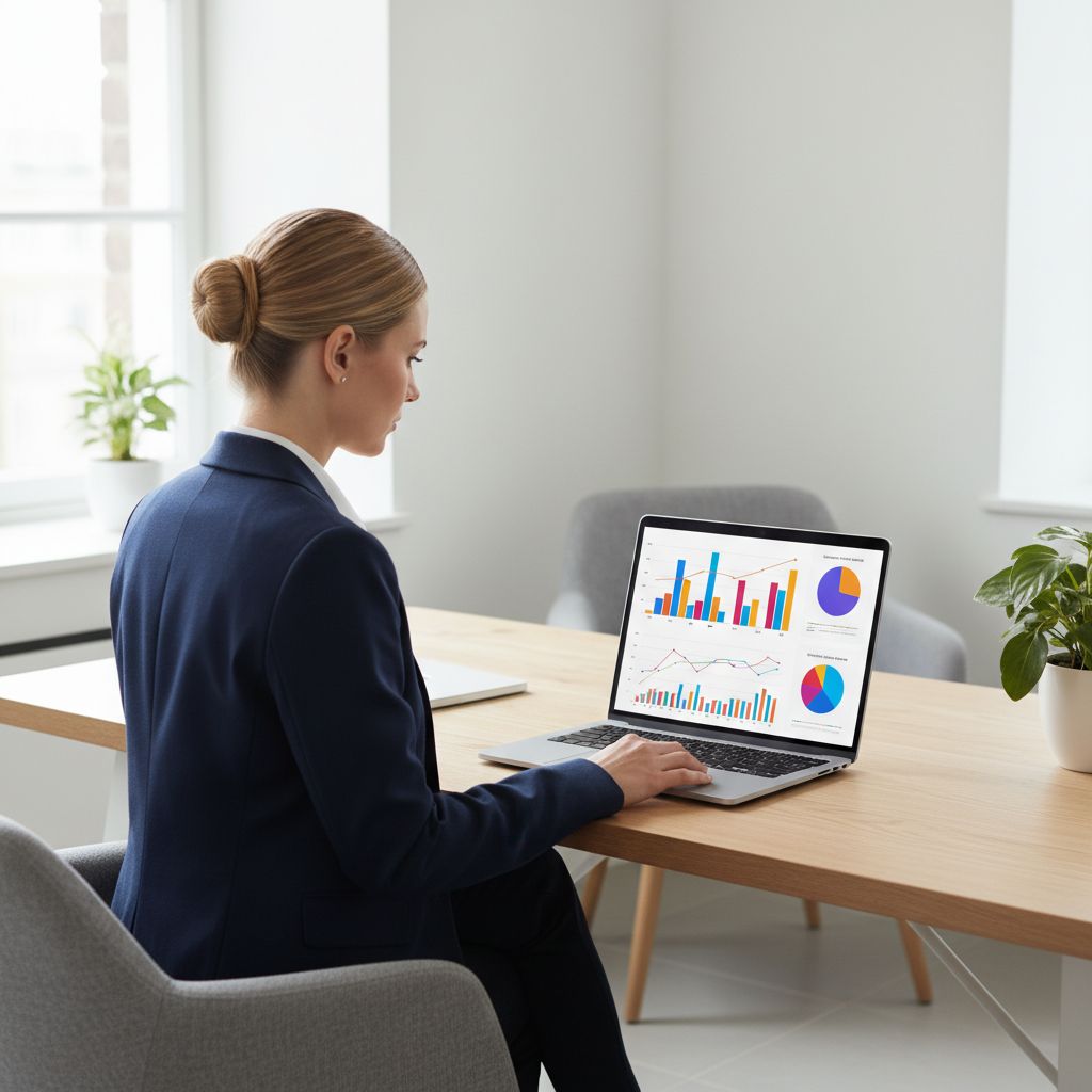 Une personne qui travaille sur son ordinateur portable avec des graphiques financiers à l'écran, ce qui symbolise bien la comptabilité en ligne.