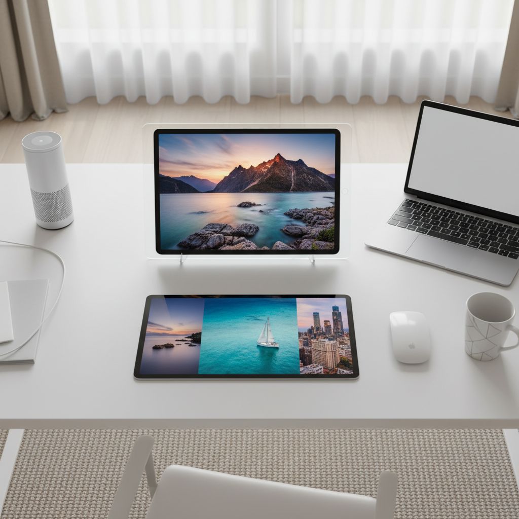Une collection de photographies professionnelles affichées sur une tablette, illustrant la diversité des banques d'images payantes.