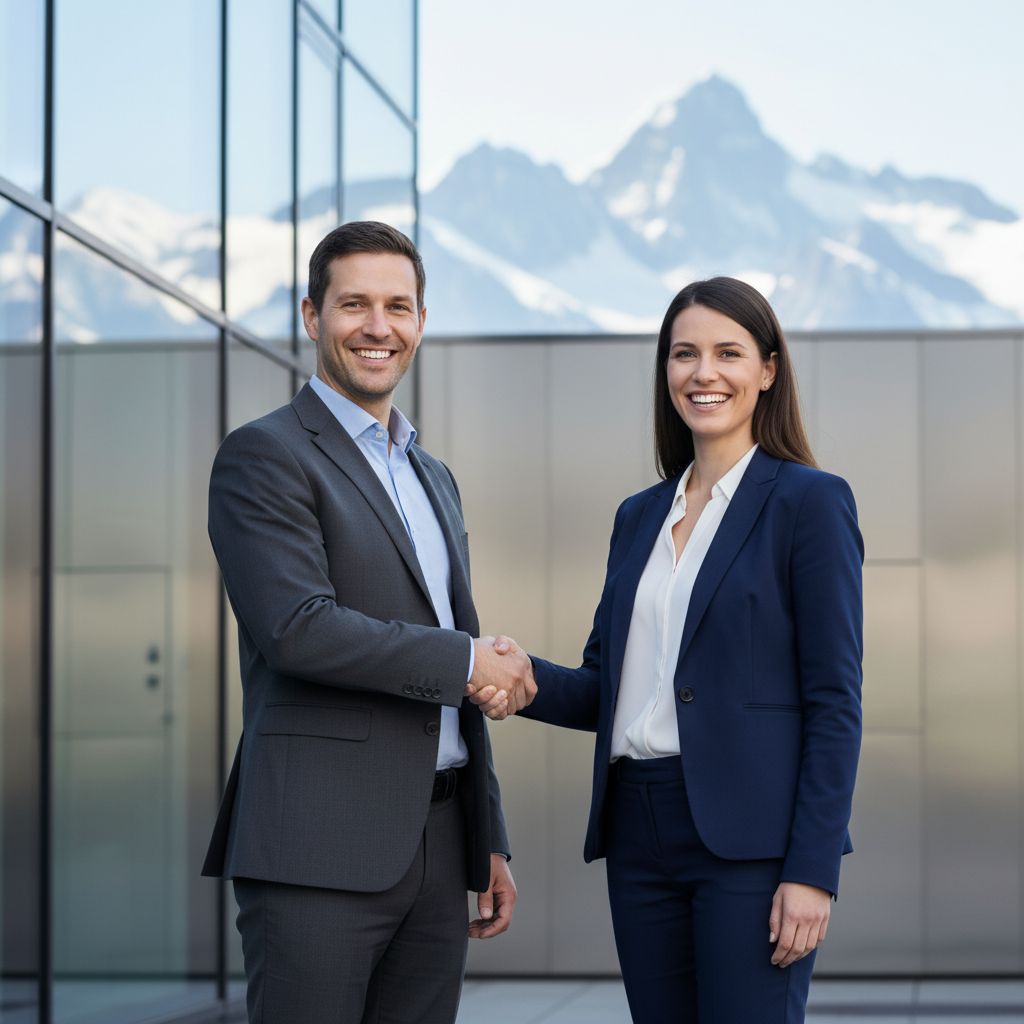 Image symbolisant la confiance, comme une poignée de main solide devant un paysage suisse, avec des icônes de cadenas et de certification.