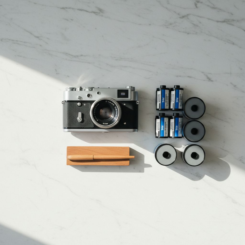 Quelques pellicules 35mm et moyen format posées à côté d'un appareil photo argentique vintage, un clin d'œil au service de développement de film.