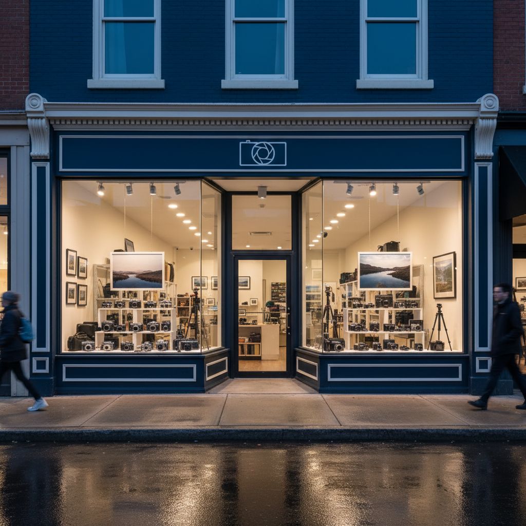 La devanture d'un magasin photo de centre-ville, avec un mélange d'appareils anciens et modernes en vitrine qui inspire confiance et tradition.