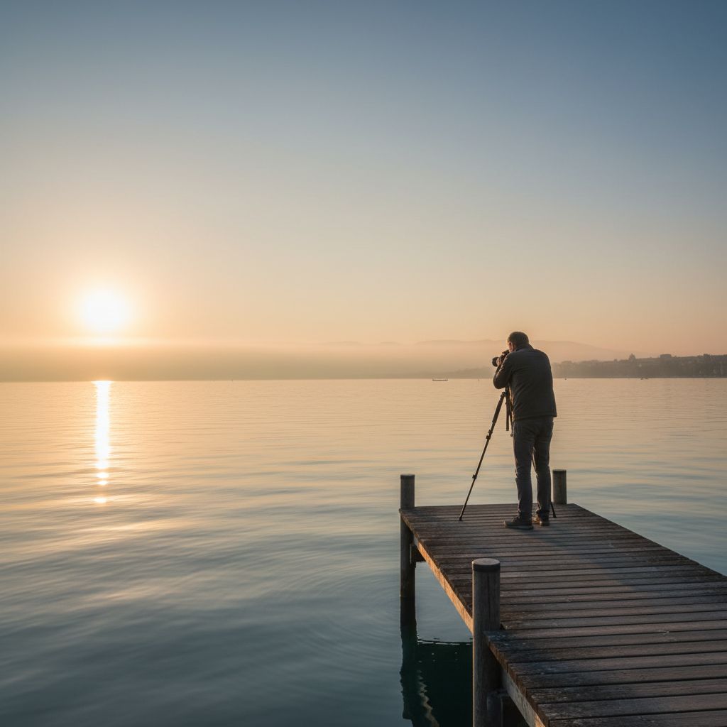 Un photographe qui a installé son trépied au bord du lac de Zurich pour profiter de la magie de l'heure dorée et capturer le paysage.