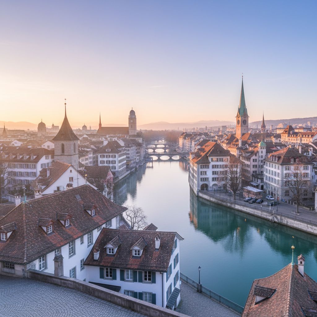 Vue panoramique de la vieille ville de Zurich et de la rivière Limmat depuis le Lindenhof, baignée par la lumière du matin.