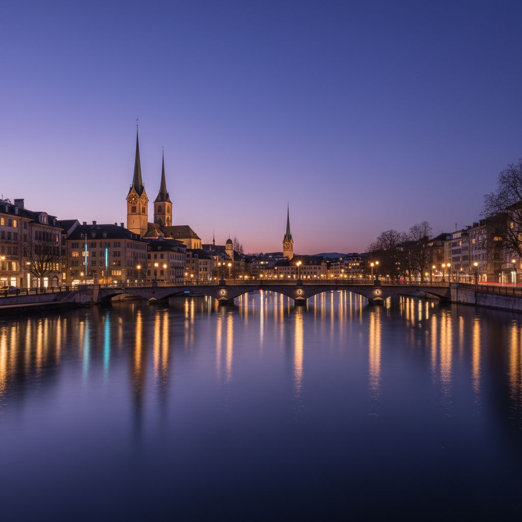 Le pont Münsterbrücke à la tombée de la nuit, avec les lumières de Zurich qui dansent sur la Limmat et les églises se dessinant en toile de fond.