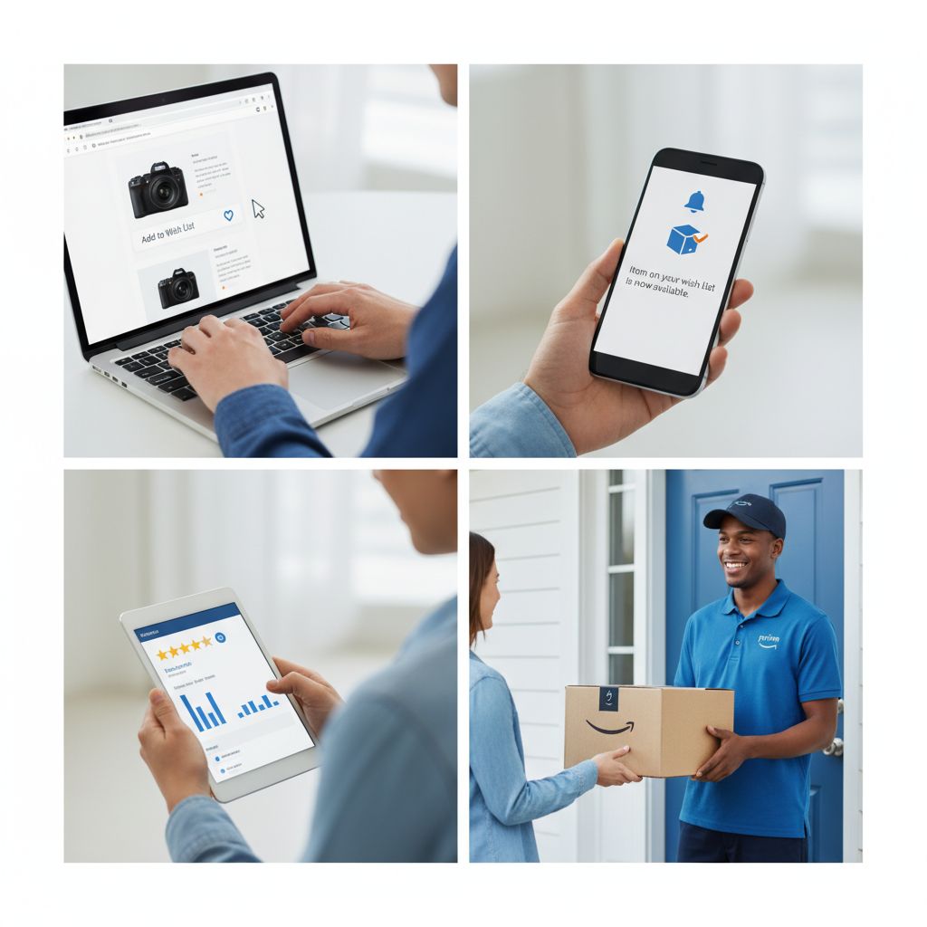 Graphique simple montrant les étapes pour optimiser un achat photo sur Amazon : 1. Créer une liste d'envies, 2. Activer les alertes de prix, 3. Comparer les avis, 4. Commander avec Prime.