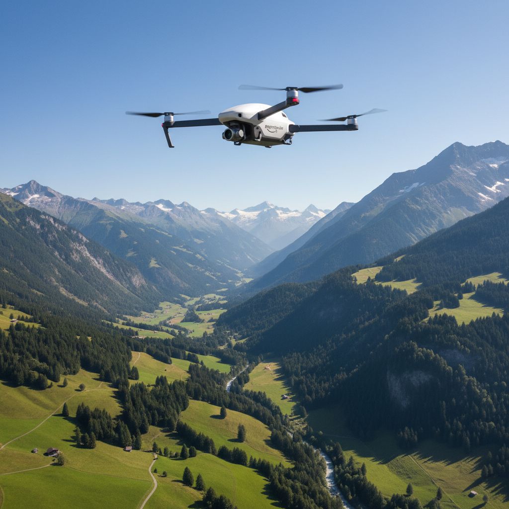 Un drone de livraison Amazon Prime Air survolant un paysage suisse. C'est peut-être ça, le futur de la livraison de matériel photo.