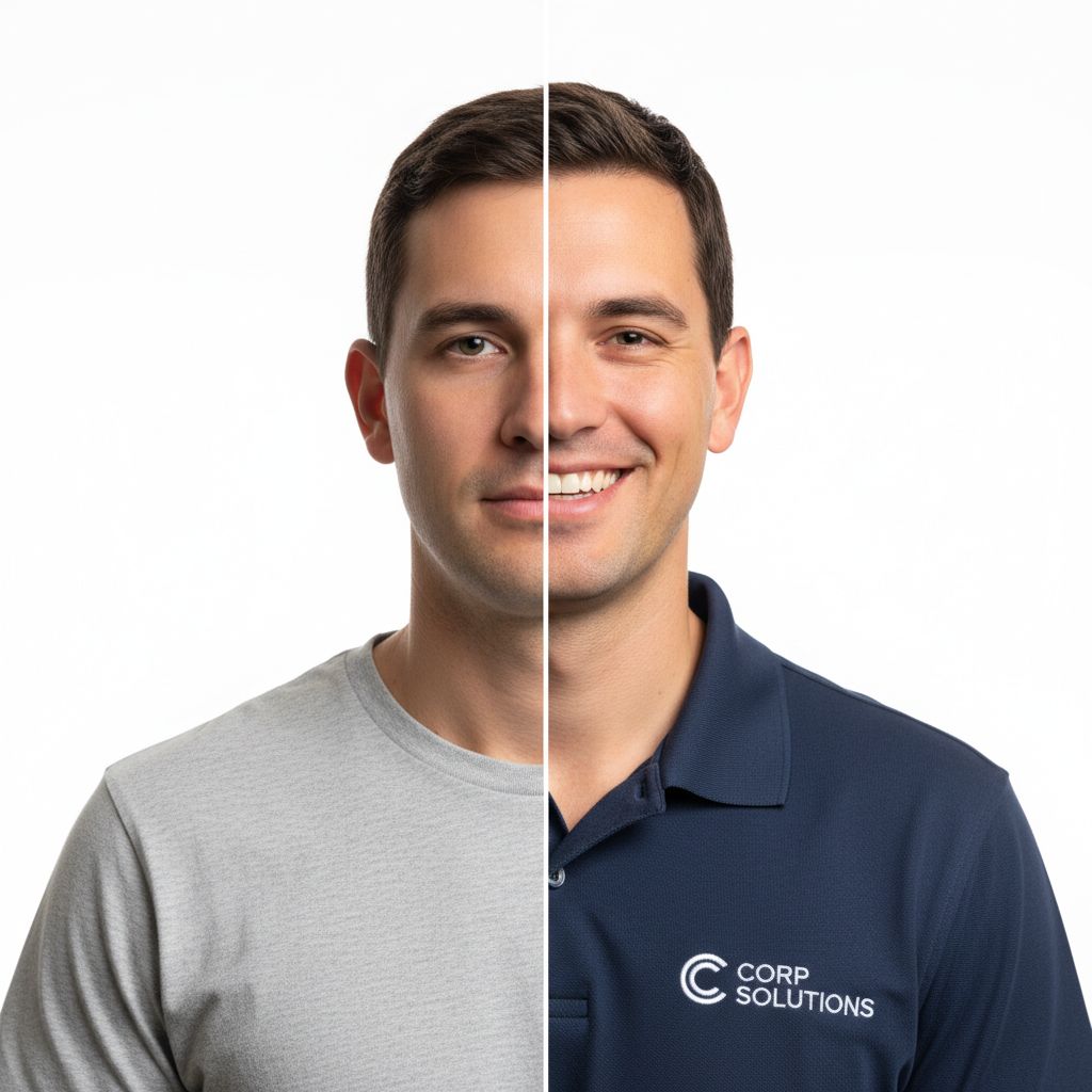 A split image showing a generic, robotic face on one side and a smiling, expressive human face on the other, symbolizing the difference between AI tone and human brand voice.