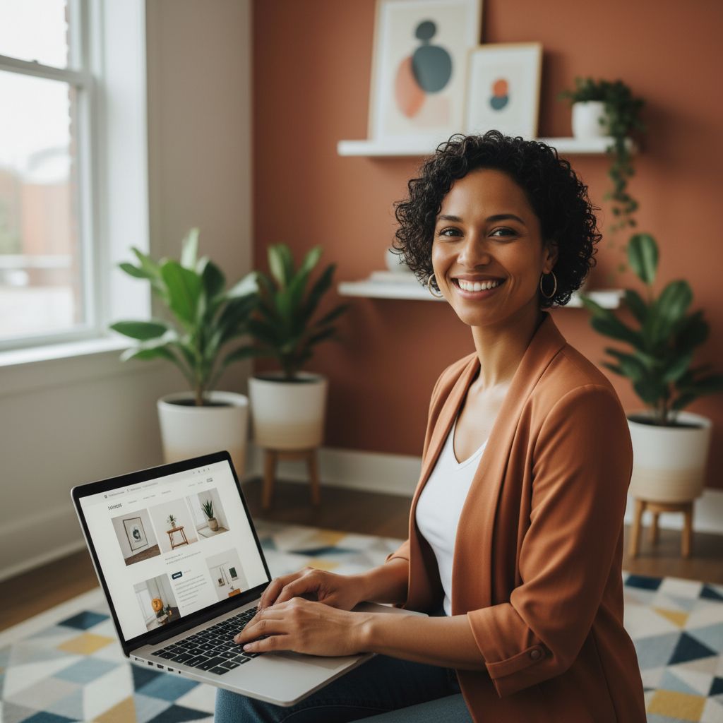 An image showing a small business owner smiling while working on a laptop, with a sleek, modern online store visible on the screen, representing the ease and success of using an AI builder.