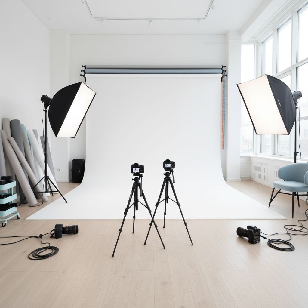 Une photo montrant l'intérieur accueillant d'un studio photo professionnel, lumineux et bien équipé.