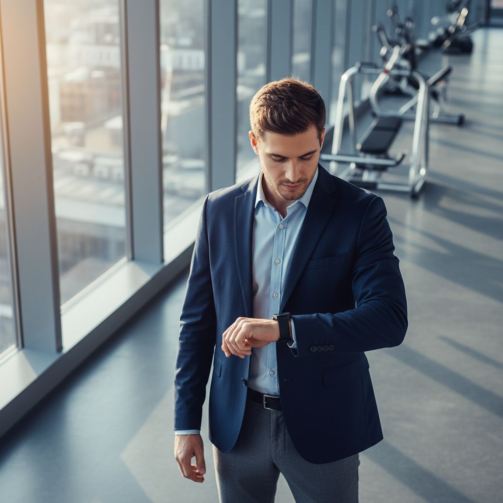 Une personne active regardant sa montre, symbolisant la gestion du temps pour le fitness par un professionnel occupé.