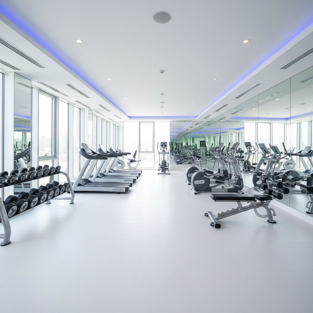 Un espace de musculation moderne, propre et bien rangé dans une salle de sport privée.