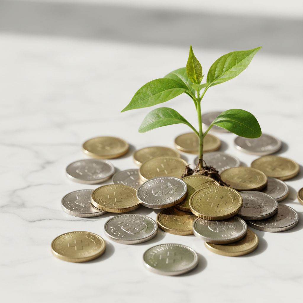 Une image symbolique montrant une plante qui pousse à travers des pièces de monnaie, représentant la croissance financière sécurisée par un bon conseil fiscal.