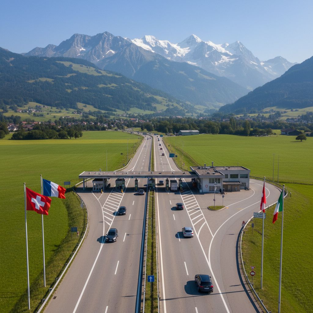 Une carte de la Suisse avec les drapeaux de nos voisins (France, Allemagne, Italie, Autriche) tout autour, pour bien imager les défis fiscaux transfrontaliers.
