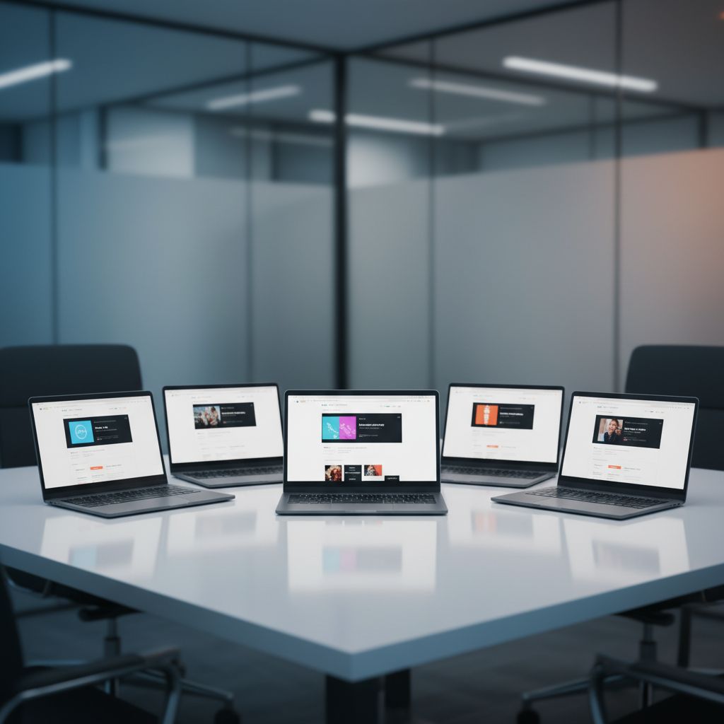 A neat grid showing the logos of a few top AI website builders: Wix, Squarespace, Hostinger, Shopify, and Kleap.