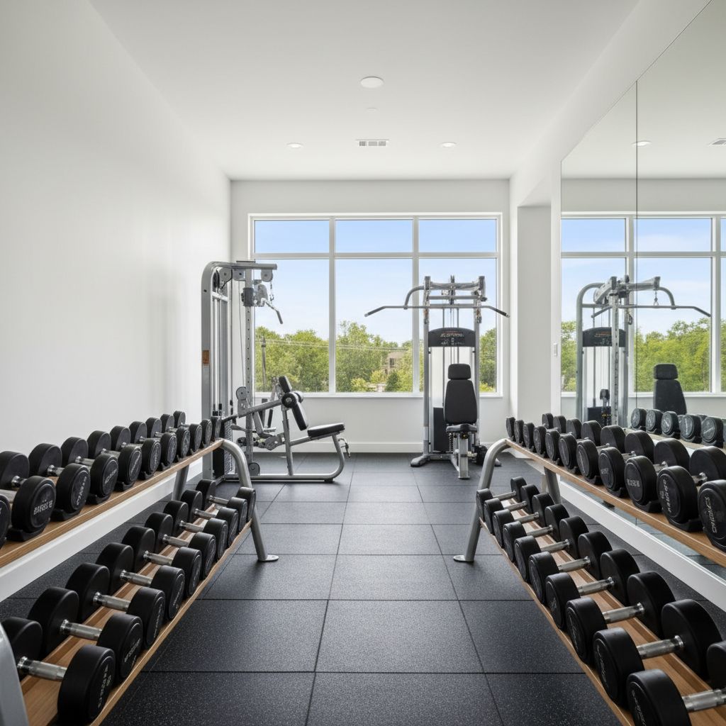 Photo d'un espace d'entraînement privé, propre et bien équipé, avec des poids libres et des machines modernes.