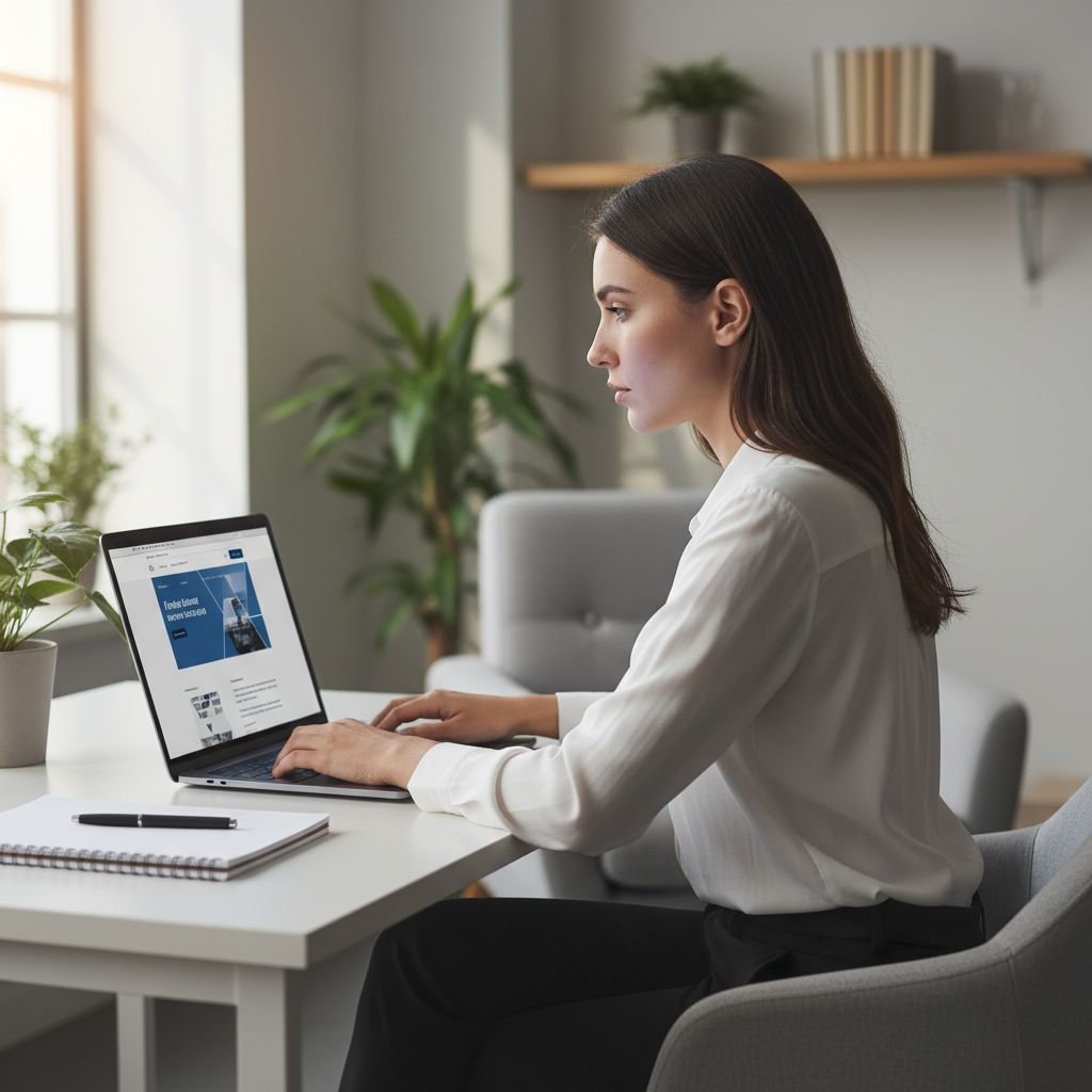 A picture of someone at their desk, carefully looking over a website on their computer. There are subtle glowing lines connecting their eyes to the screen, showing the collaboration between the person and the AI.