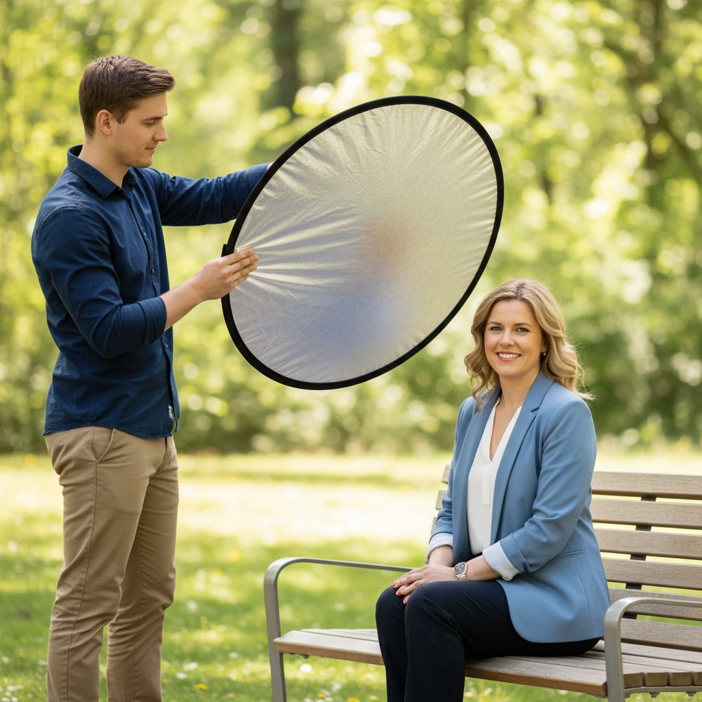 A photographer holding a silver reflector to bounce light onto a subject's face during an outdoor portrait session.